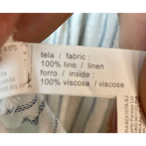 Touche Balneaire Dress Womens Medium 100% Linen Ruffle Tired Blue Cream - Picture 7 of 10